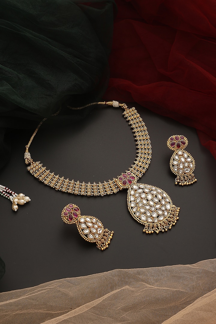 Gold Finish Kundan Polki Temple Necklace Set by Swabhimann Jewellery at Pernia's Pop Up Shop