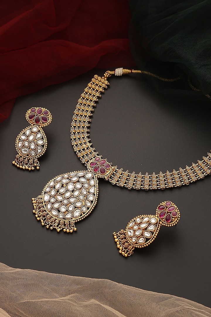 Gold Finish Kundan Polki Temple Necklace Set by Swabhimann Jewellery at Pernia's Pop Up Shop