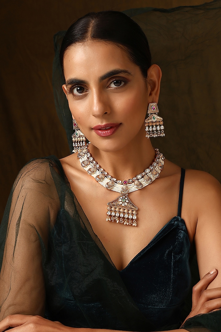 Gold Finish Kundan Polki Temple Necklace Set by Swabhimann Jewellery at Pernia's Pop Up Shop