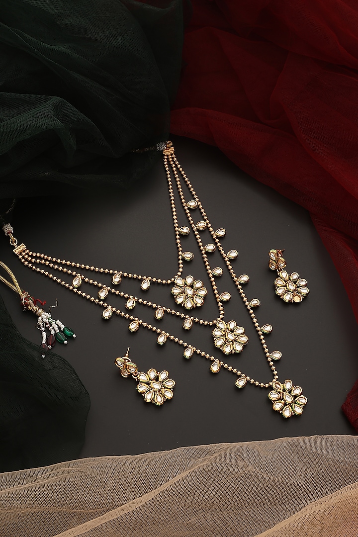 Gold Finish Kundan Polki Layered Necklace Set by Swabhimann Jewellery at Pernia's Pop Up Shop