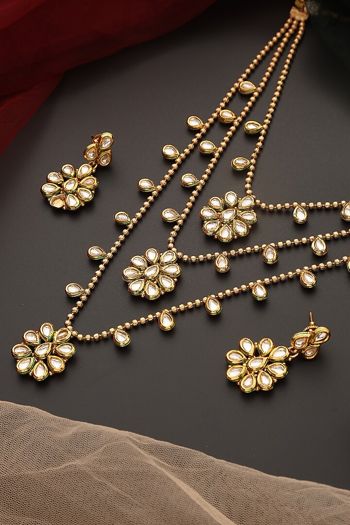 Gold Finish Kundan Polki Layered Necklace Set by Swabhimann Jewellery at Pernia's Pop Up Shop