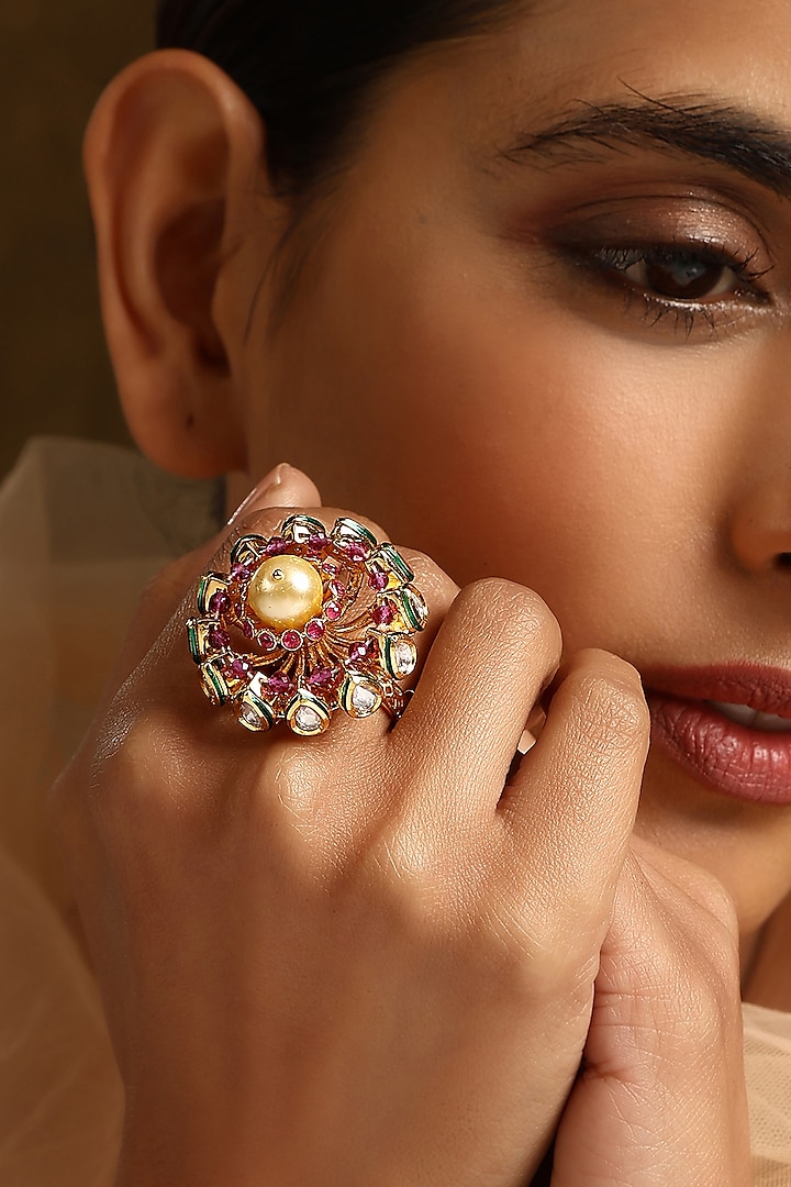 Gold Finish Kundan Polki Ring by Swabhimann Jewellery at Pernia's Pop Up Shop