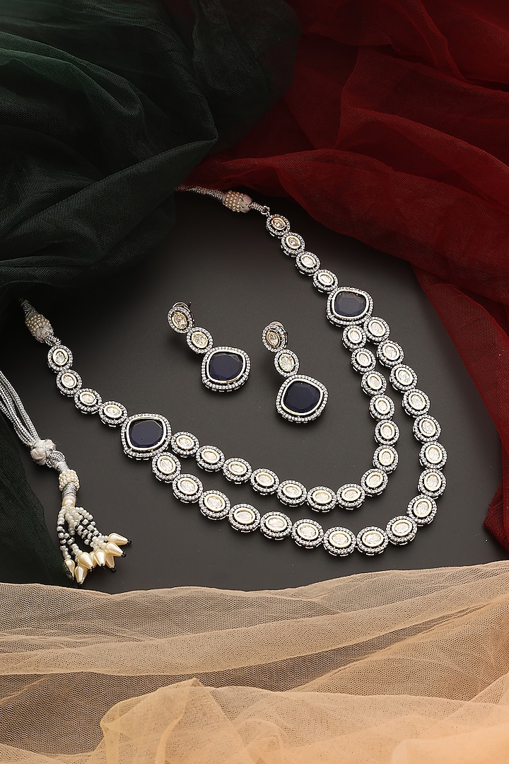 Black Rhodium Finish Kundan Polki Layered Necklace Set by Swabhimann Jewellery at Pernia's Pop Up Shop