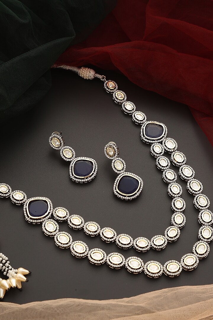 Black Rhodium Finish Kundan Polki Layered Necklace Set by Swabhimann Jewellery at Pernia's Pop Up Shop