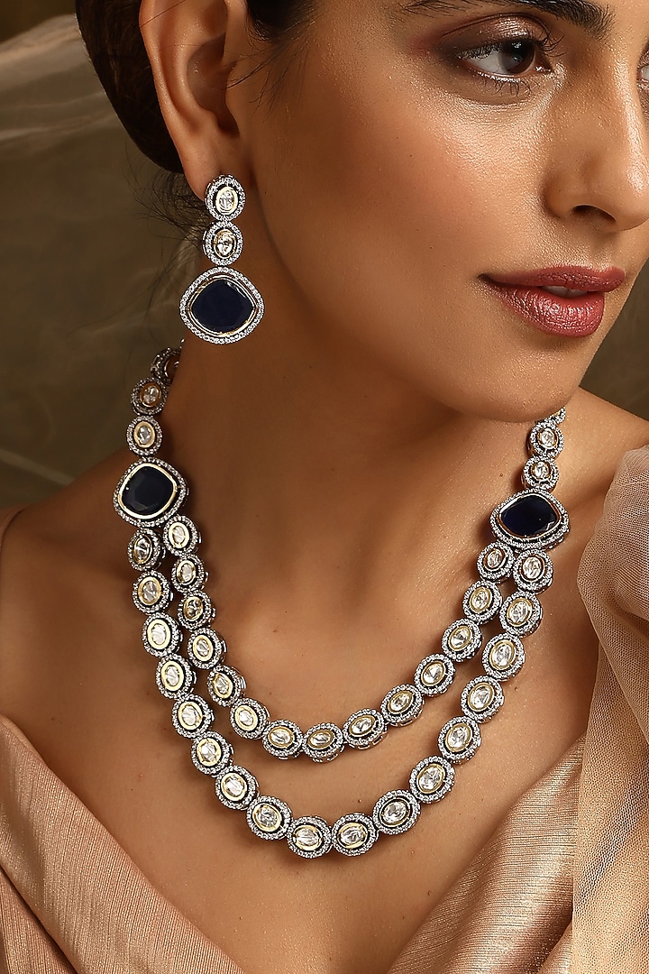 Black Rhodium Finish Kundan Polki Layered Necklace Set by Swabhimann Jewellery at Pernia's Pop Up Shop