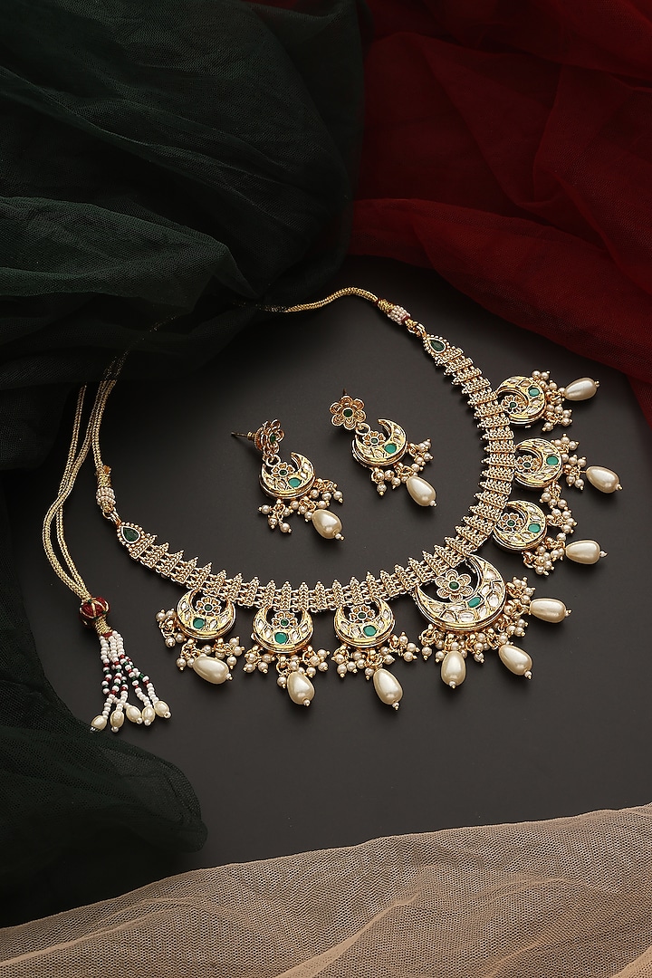Gold Finish Kundan Polki Layered Necklace Set by Swabhimann Jewellery at Pernia's Pop Up Shop