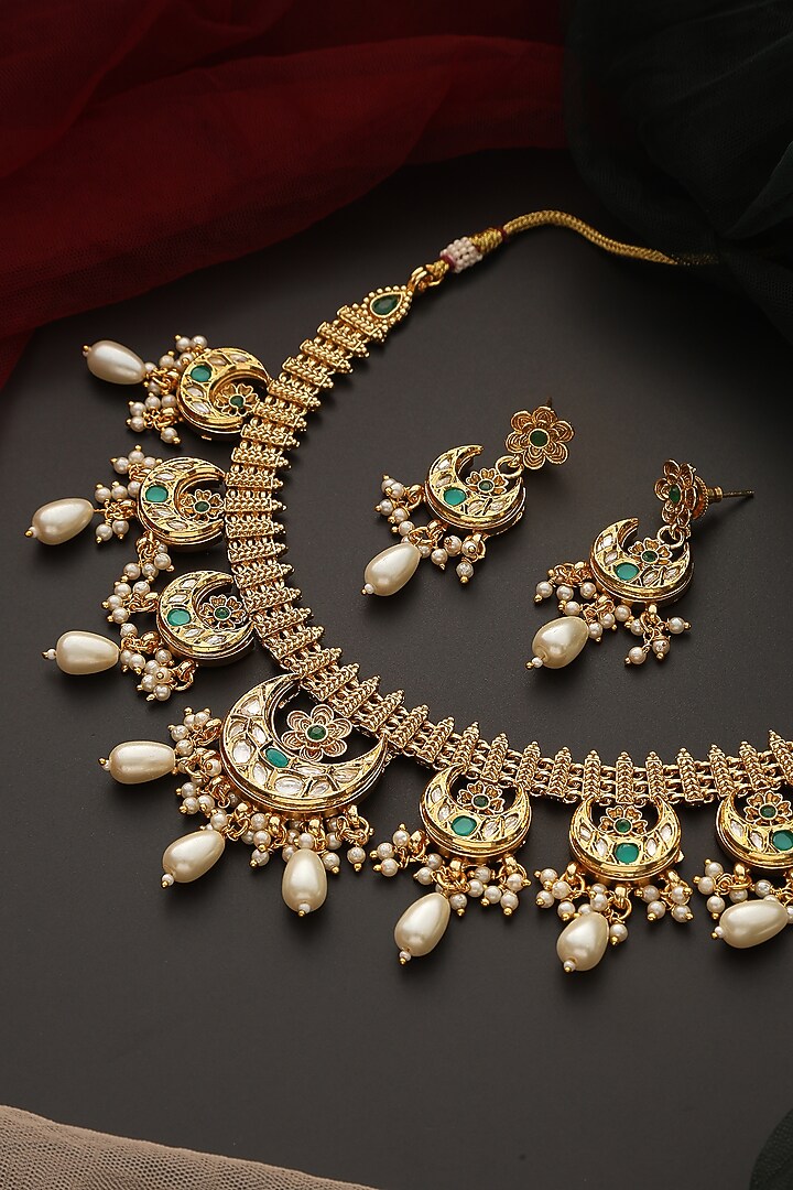 Gold Finish Kundan Polki Layered Necklace Set by Swabhimann Jewellery at Pernia's Pop Up Shop