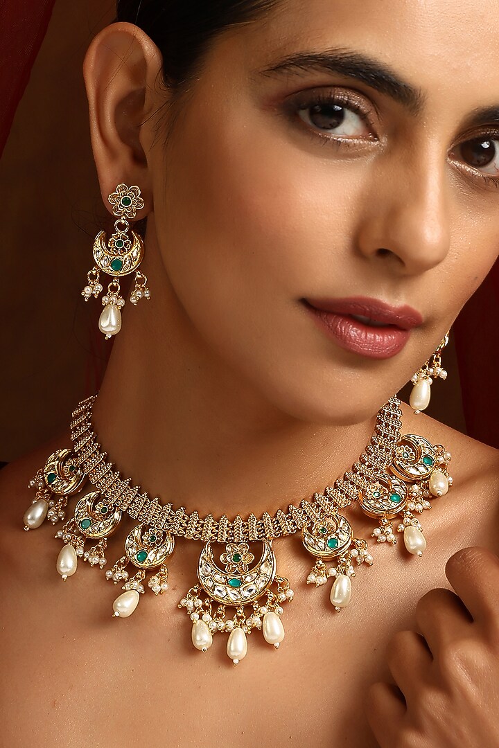 Gold Finish Kundan Polki Layered Necklace Set by Swabhimann Jewellery at Pernia's Pop Up Shop