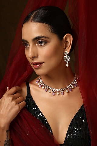 Rose Gold Finish Kundan Polki Necklace Set by Swabhimann Jewellery