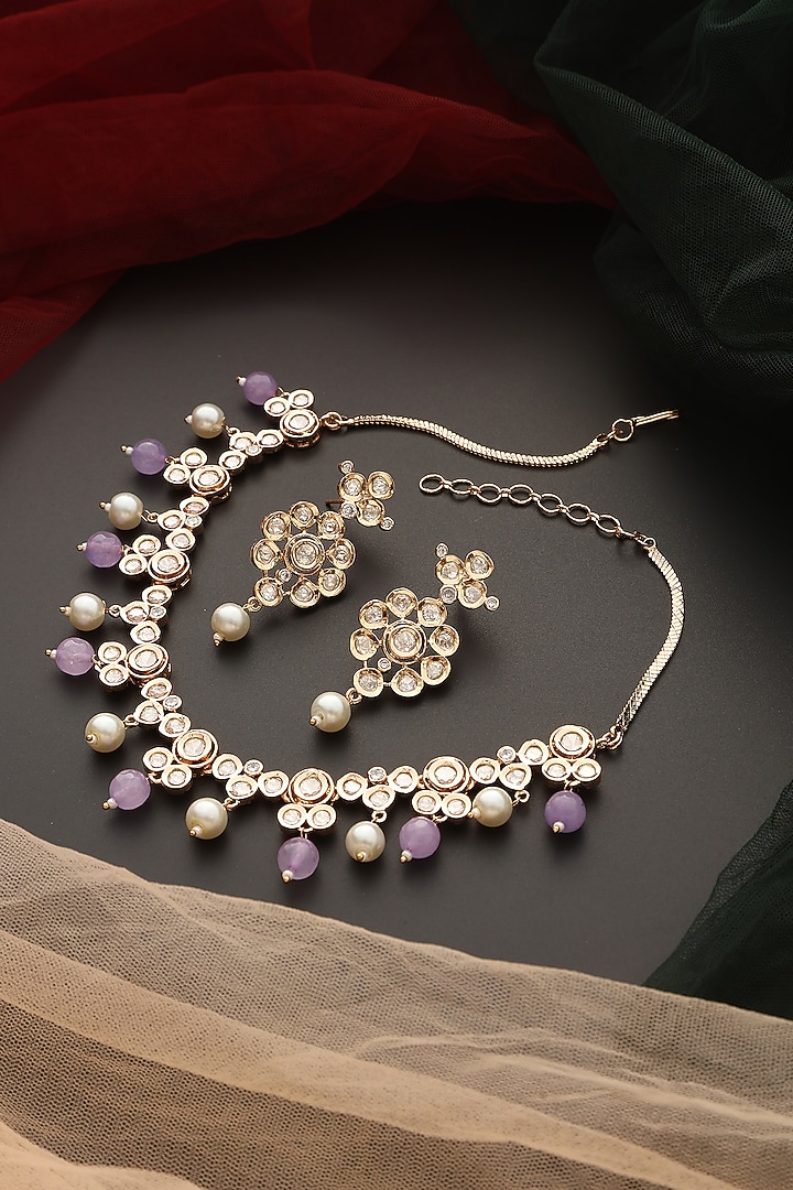 Rose Gold Finish Kundan Polki Necklace Set by Swabhimann Jewellery at Pernia's Pop Up Shop