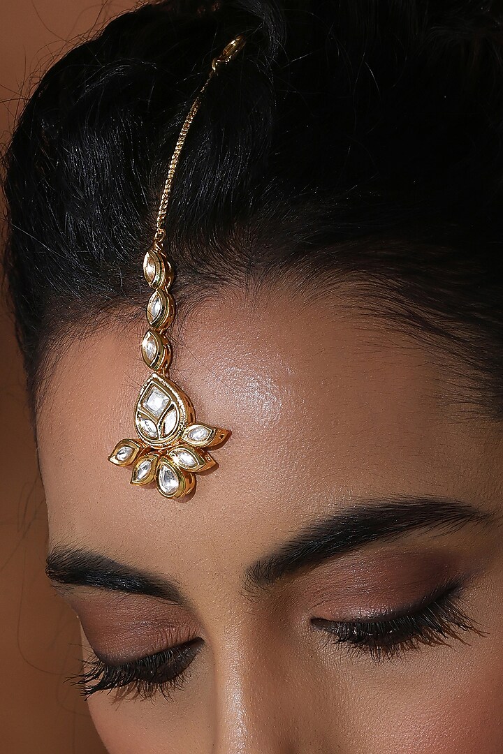 Gold Finish Kundan Polki Handmade Maangtikka by Swabhimann Jewellery at Pernia's Pop Up Shop