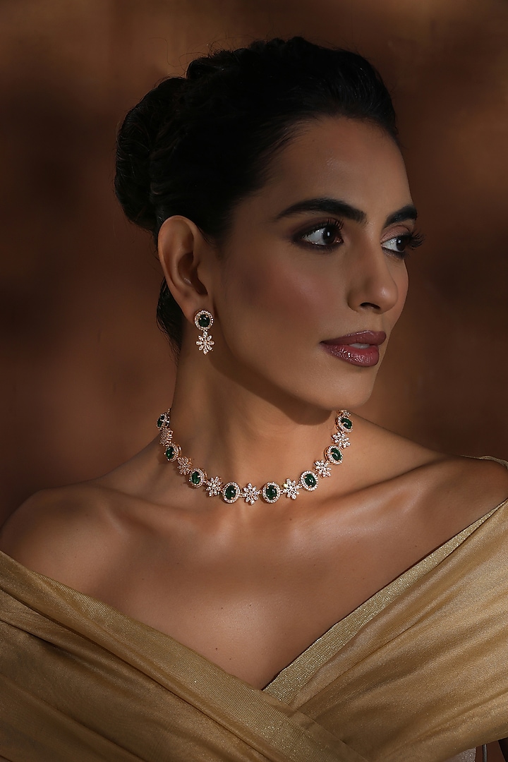 Rose Gold Finish Kundan Polki & Green Zirconia Handmade Necklace Set by Swabhimann Jewellery at Pernia's Pop Up Shop