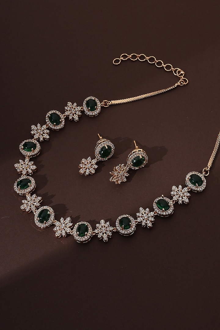 Rose Gold Finish Kundan Polki & Green Zirconia Handmade Necklace Set by Swabhimann Jewellery at Pernia's Pop Up Shop