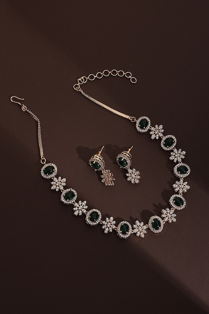 Rose Gold Finish Kundan Polki & Green Zirconia Handmade Necklace Set by Swabhimann Jewellery at Pernia's Pop Up Shop