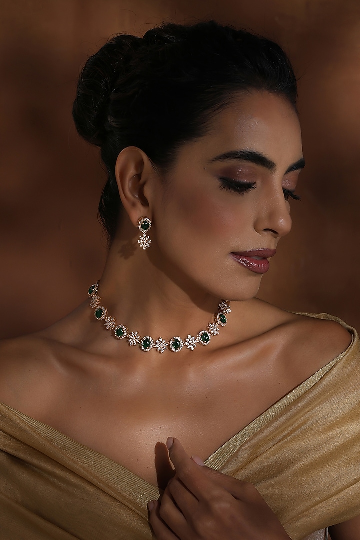 Rose Gold Finish Kundan Polki & Green Zirconia Handmade Necklace Set by Swabhimann Jewellery at Pernia's Pop Up Shop