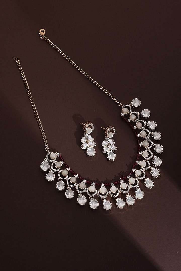 Rose Gold Finish Red Kundan Polki Handmade Necklace Set by Swabhimann Jewellery at Pernia's Pop Up Shop