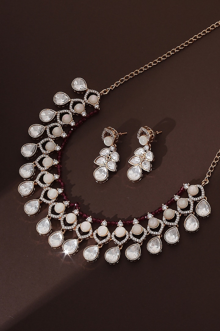 Rose Gold Finish Red Kundan Polki Handmade Necklace Set by Swabhimann Jewellery at Pernia's Pop Up Shop