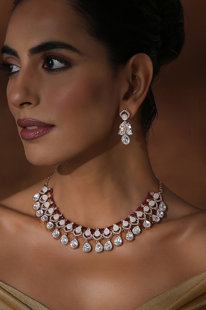 Rose Gold Finish Red Kundan Polki Handmade Necklace Set by Swabhimann Jewellery at Pernia's Pop Up Shop
