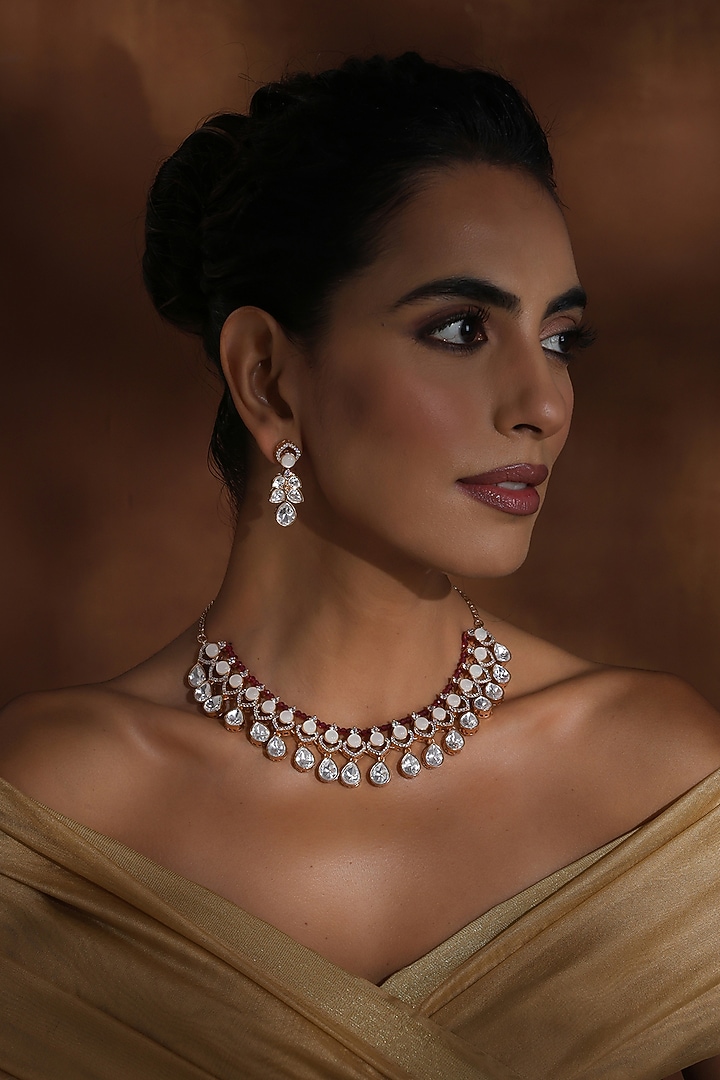 Rose Gold Finish Red Kundan Polki Handmade Necklace Set by Swabhimann Jewellery at Pernia's Pop Up Shop