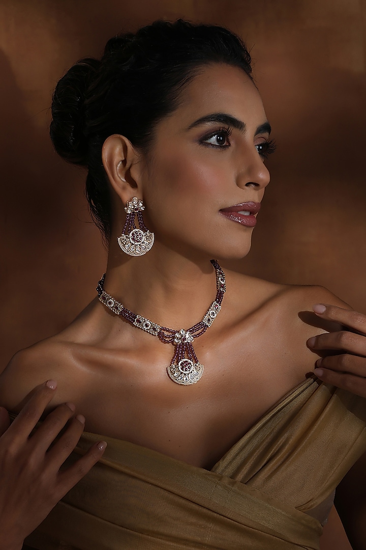 Rose Gold Finish Lavender Kundan Polki Handmade Long Pendant Necklace Set by Swabhimann Jewellery at Pernia's Pop Up Shop