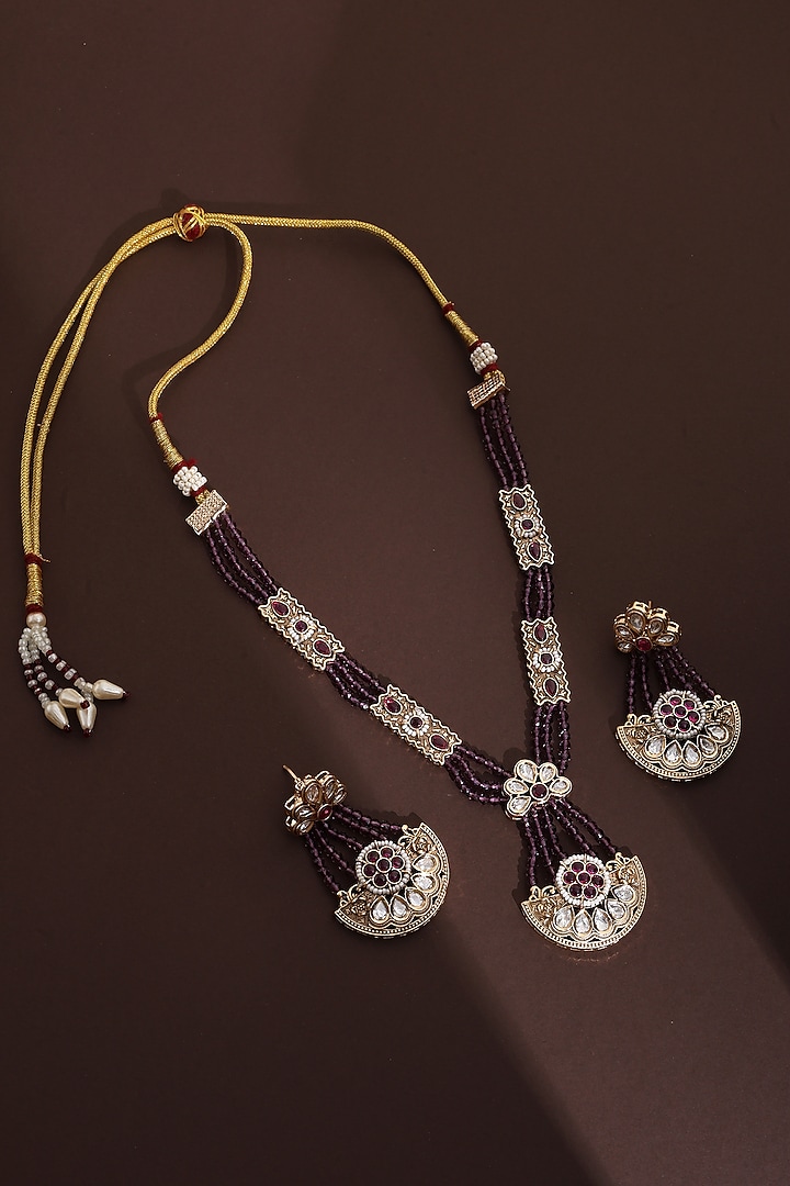 Rose Gold Finish Lavender Kundan Polki Handmade Long Pendant Necklace Set by Swabhimann Jewellery at Pernia's Pop Up Shop