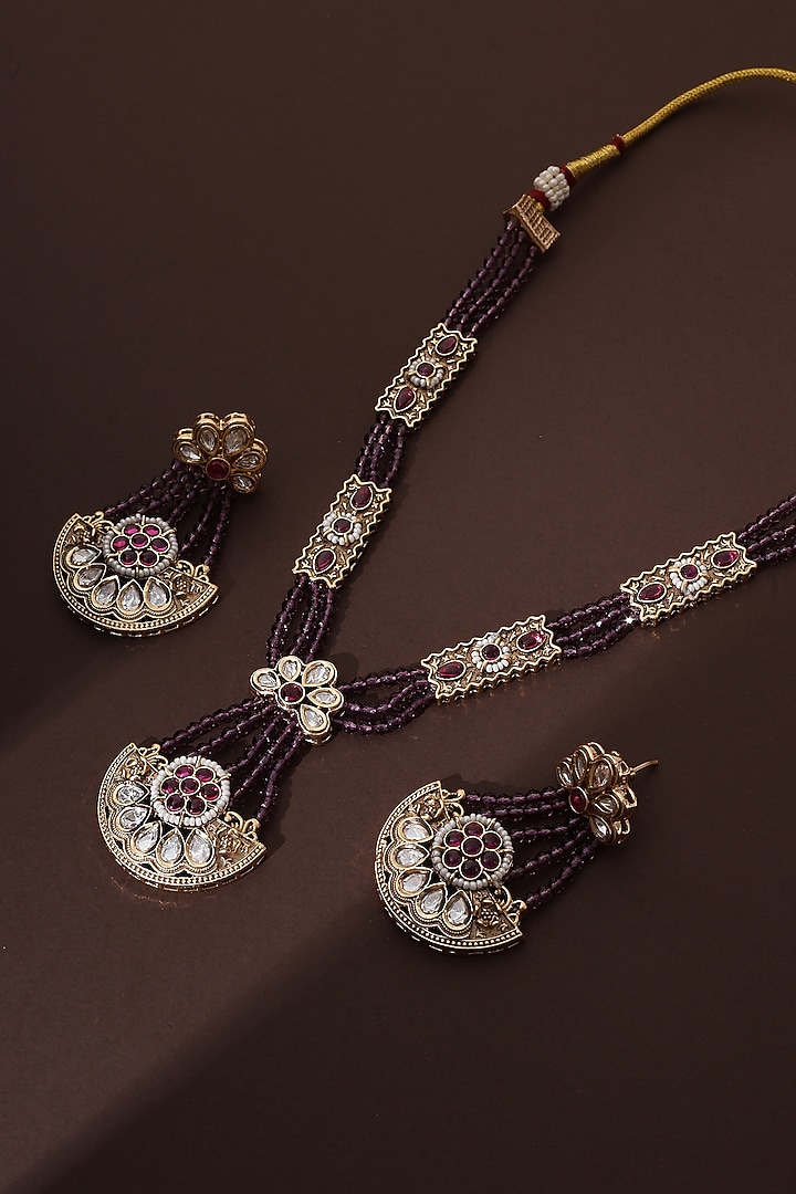Rose Gold Finish Lavender Kundan Polki Handmade Long Pendant Necklace Set by Swabhimann Jewellery at Pernia's Pop Up Shop
