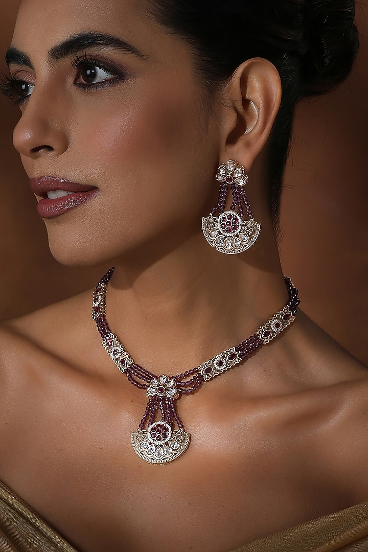 Rose Gold Finish Lavender Kundan Polki Handmade Long Pendant Necklace Set by Swabhimann Jewellery at Pernia's Pop Up Shop