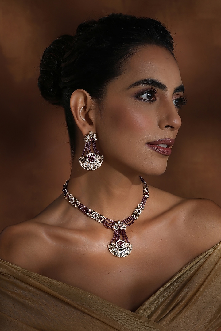 Rose Gold Finish Lavender Kundan Polki Handmade Long Pendant Necklace Set by Swabhimann Jewellery at Pernia's Pop Up Shop