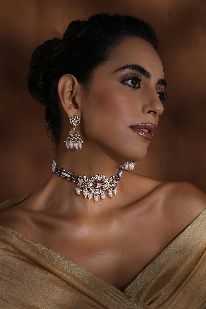 Rose Gold Finish Lavender Kundan Polki Handmade Choker Necklace Set by Swabhimann Jewellery at Pernia's Pop Up Shop