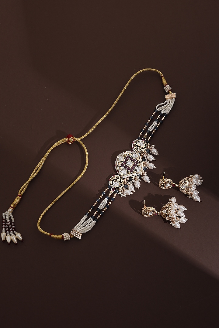 Rose Gold Finish Lavender Kundan Polki Handmade Choker Necklace Set by Swabhimann Jewellery at Pernia's Pop Up Shop
