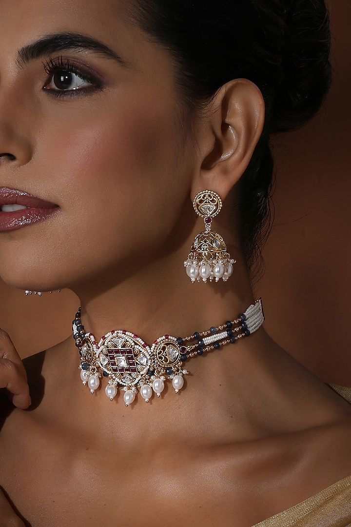 Rose Gold Finish Lavender Kundan Polki Handmade Choker Necklace Set by Swabhimann Jewellery at Pernia's Pop Up Shop