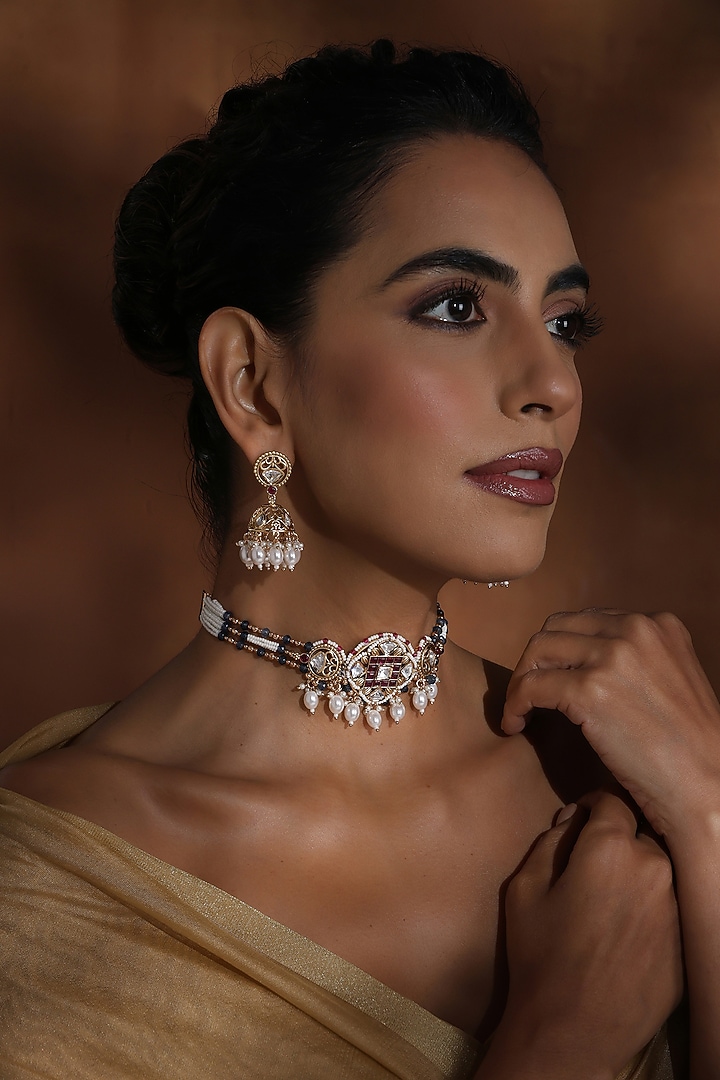 Rose Gold Finish Lavender Kundan Polki Handmade Choker Necklace Set by Swabhimann Jewellery at Pernia's Pop Up Shop