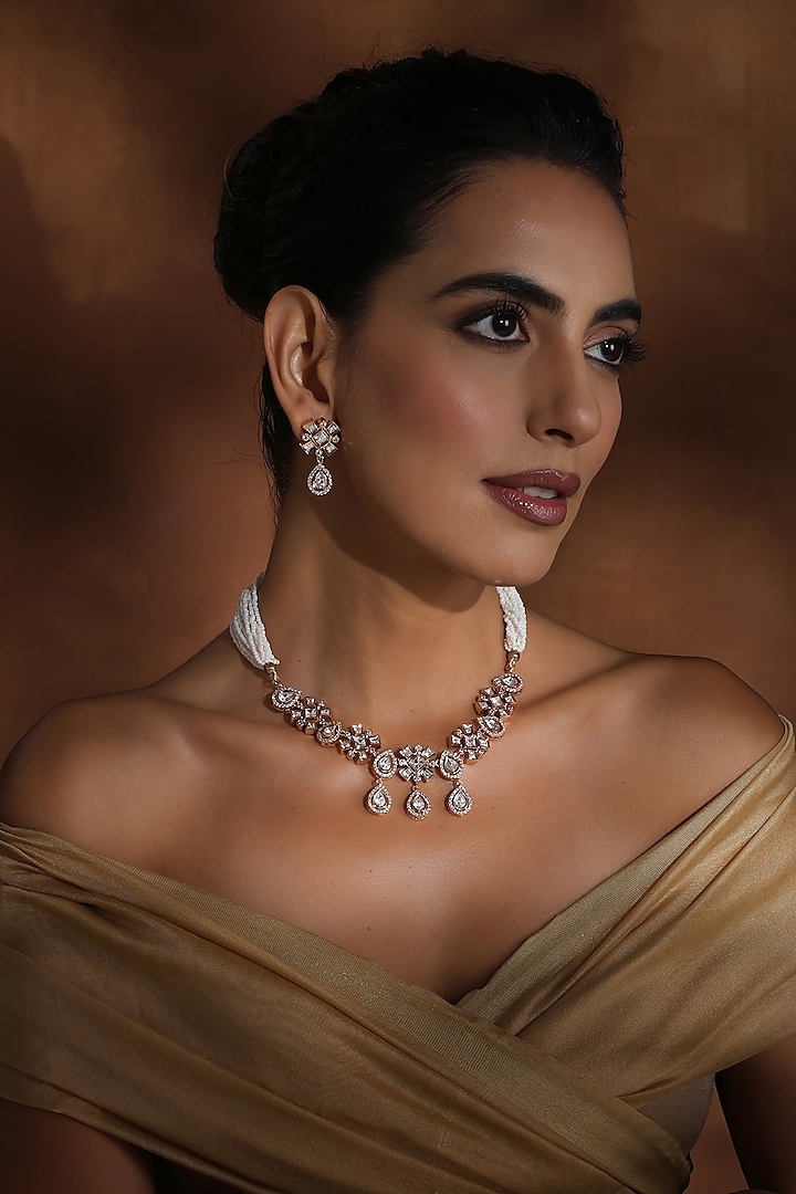 Rose Gold Finish White Kundan Polki Handmade Necklace Set by Swabhimann Jewellery at Pernia's Pop Up Shop