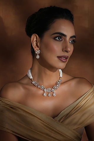 Rose Gold Finish White Kundan Polki Handmade Necklace Set by Swabhimann Jewellery