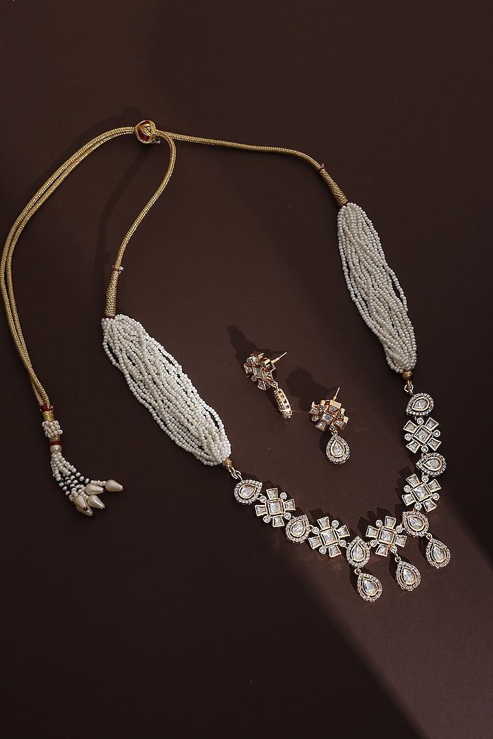 Rose Gold Finish White Kundan Polki Handmade Necklace Set by Swabhimann Jewellery at Pernia's Pop Up Shop