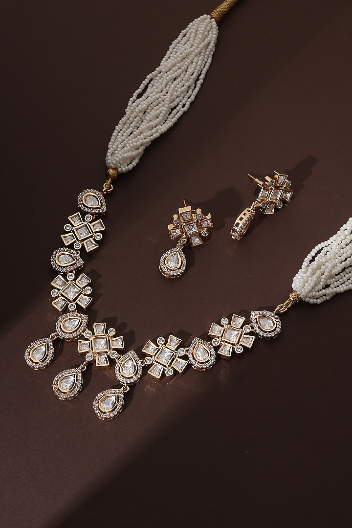 Rose Gold Finish White Kundan Polki Handmade Necklace Set by Swabhimann Jewellery at Pernia's Pop Up Shop