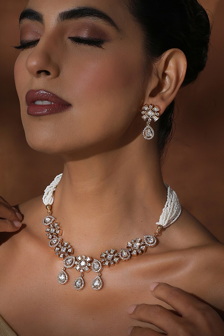 Rose Gold Finish White Kundan Polki Handmade Necklace Set by Swabhimann Jewellery at Pernia's Pop Up Shop