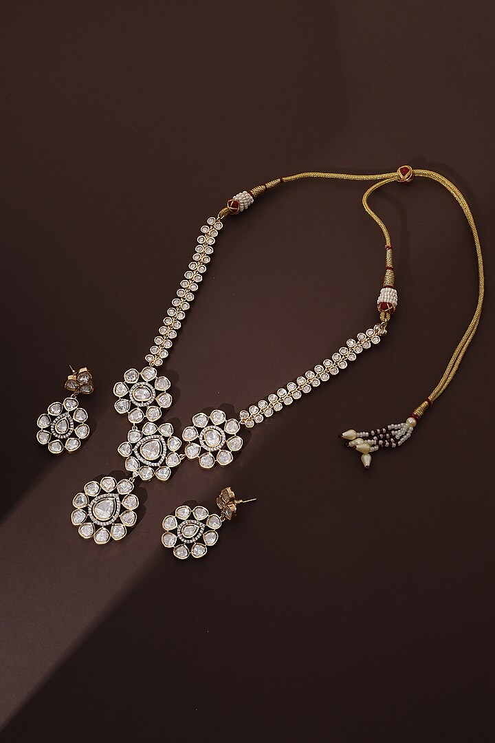 Rose Gold Finish Kundan Polki Handmade Long Pendant Necklace Set by Swabhimann Jewellery at Pernia's Pop Up Shop