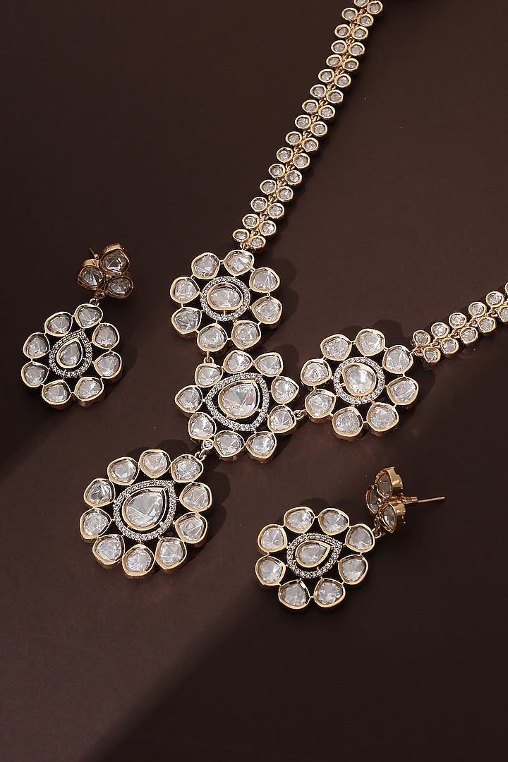 Rose Gold Finish Kundan Polki Handmade Long Pendant Necklace Set by Swabhimann Jewellery at Pernia's Pop Up Shop