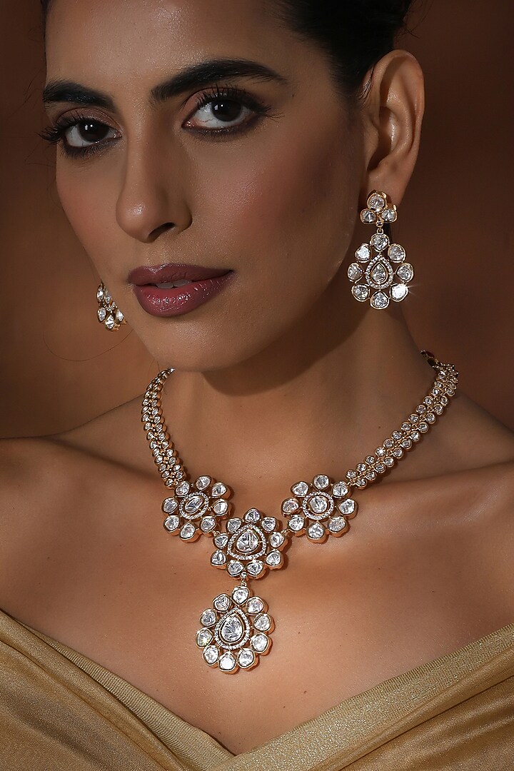 Rose Gold Finish Kundan Polki Handmade Long Pendant Necklace Set by Swabhimann Jewellery at Pernia's Pop Up Shop