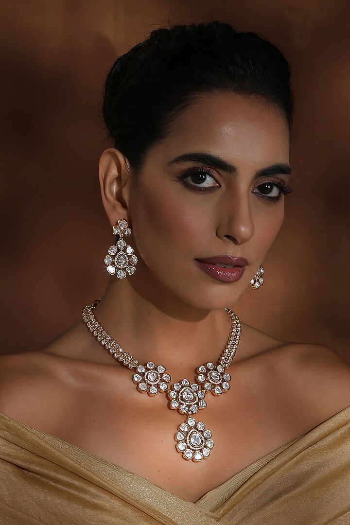 Rose Gold Finish Kundan Polki Handmade Long Pendant Necklace Set by Swabhimann Jewellery at Pernia's Pop Up Shop