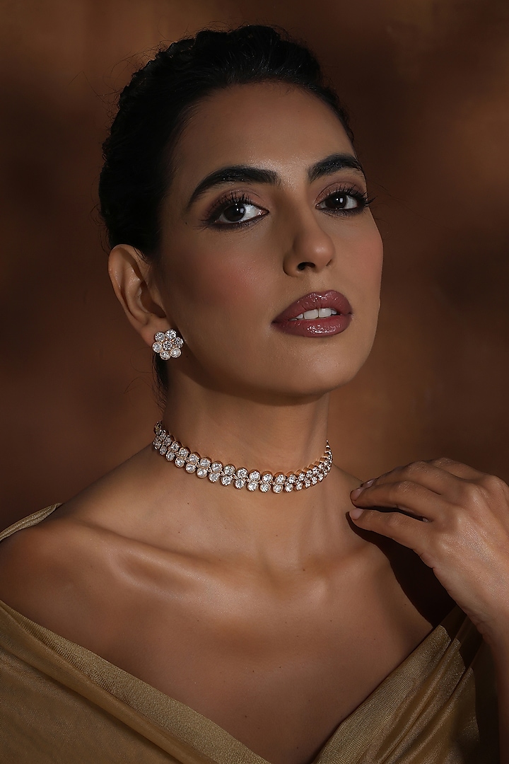 Rose Gold Finish Kundan Polki Handmade Choker Necklace Set by Swabhimann Jewellery at Pernia's Pop Up Shop