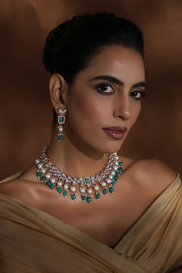 Rose Gold Finish Green Kundan Polki Handmade Necklace Set by Swabhimann Jewellery at Pernia's Pop Up Shop