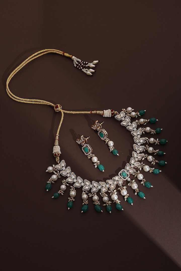 Rose Gold Finish Green Kundan Polki Handmade Necklace Set by Swabhimann Jewellery at Pernia's Pop Up Shop
