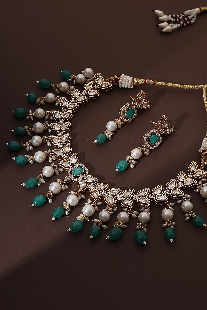 Rose Gold Finish Green Kundan Polki Handmade Necklace Set by Swabhimann Jewellery at Pernia's Pop Up Shop