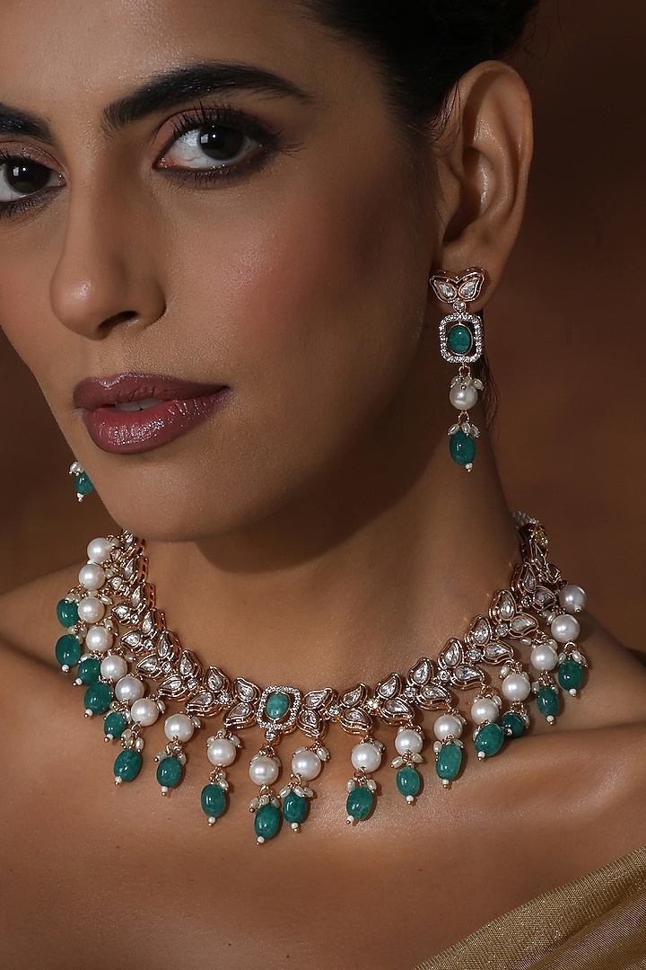 Rose Gold Finish Green Kundan Polki Handmade Necklace Set by Swabhimann Jewellery at Pernia's Pop Up Shop