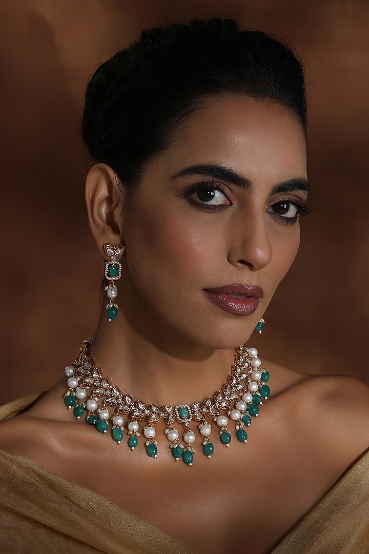 Rose Gold Finish Green Kundan Polki Handmade Necklace Set by Swabhimann Jewellery at Pernia's Pop Up Shop