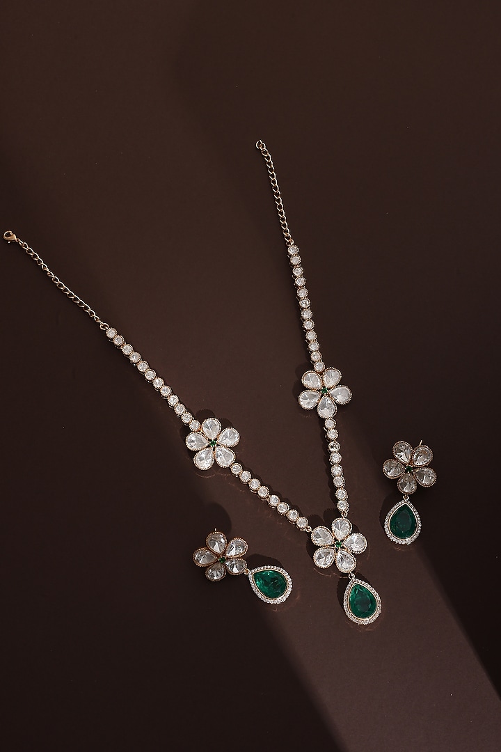 Rose Gold Finish Green Kundan Polki Handmade Long Necklace Set by Swabhimann Jewellery at Pernia's Pop Up Shop