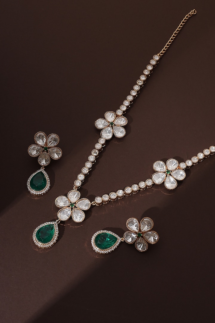 Rose Gold Finish Green Kundan Polki Handmade Long Necklace Set by Swabhimann Jewellery at Pernia's Pop Up Shop
