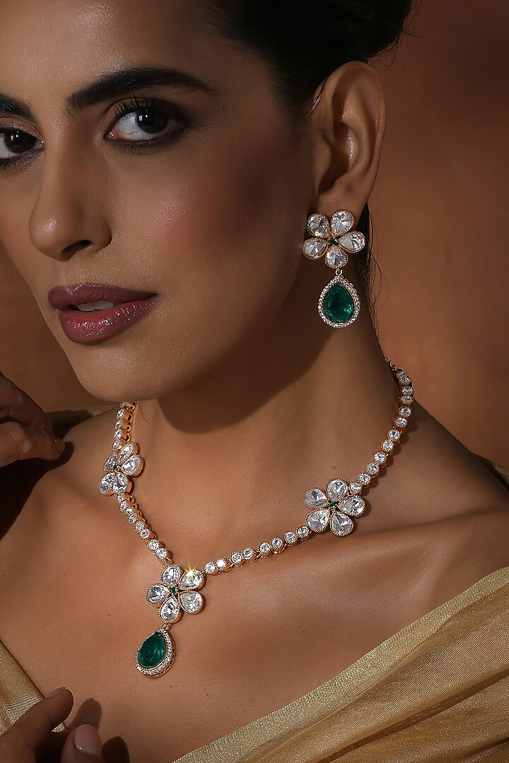 Rose Gold Finish Green Kundan Polki Handmade Long Necklace Set by Swabhimann Jewellery at Pernia's Pop Up Shop